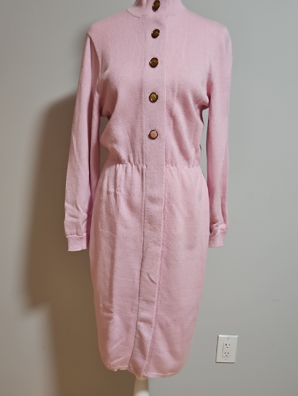 Vintage Soft Pink Button-Front Knit Dress